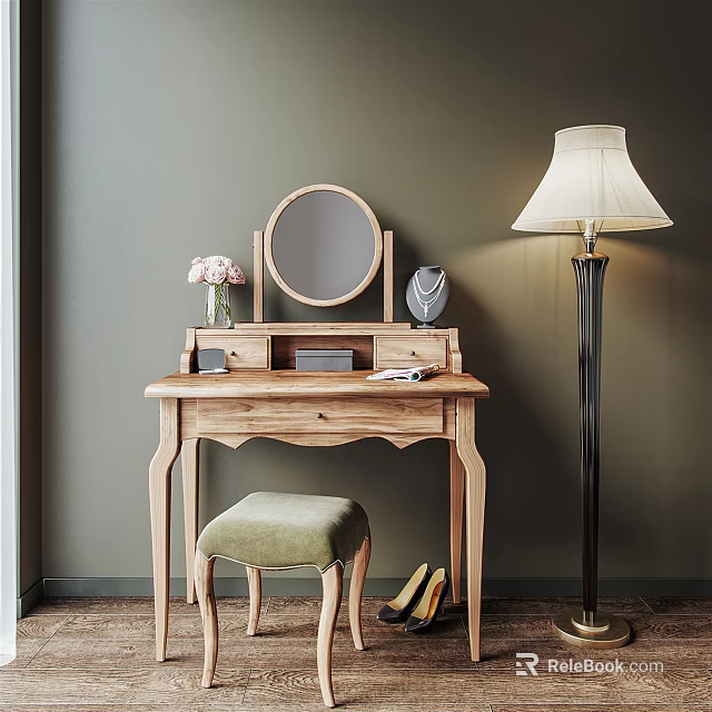 Stylish Dressing Table With Round Mirror Green Stool High Heels And Floor Lamp 3d model 