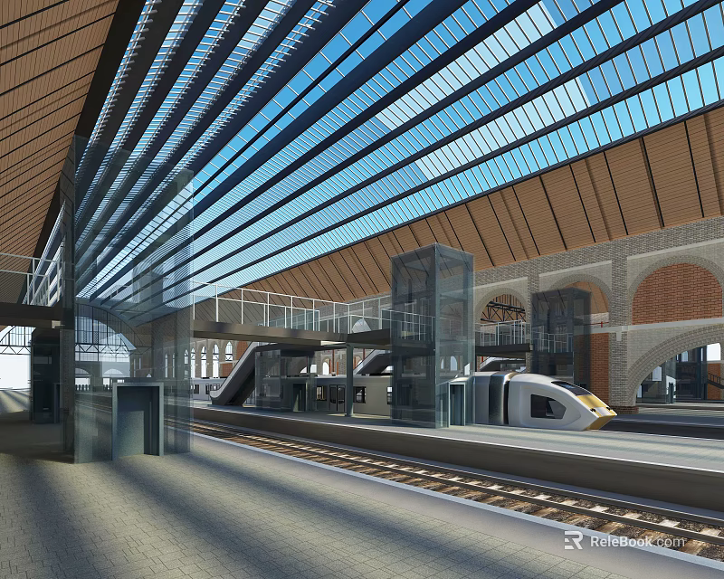 Modern Train Station With Glass Roof Steel Structure Platform And White High Speed Train 3d model 