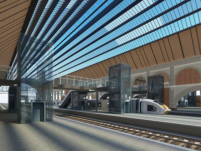 Modern Train Station With Glass Roof Steel Structure Platform And White High Speed Train 3d model