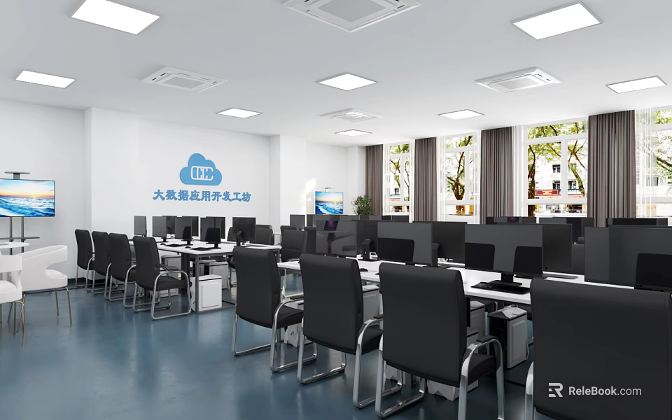 Modern Public Office Space With Workstations Computers Ceiling Lights And Windows 3d model 