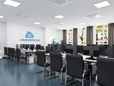 Modern Public Office Space With Workstations Computers Ceiling Lights And Windows 3d model