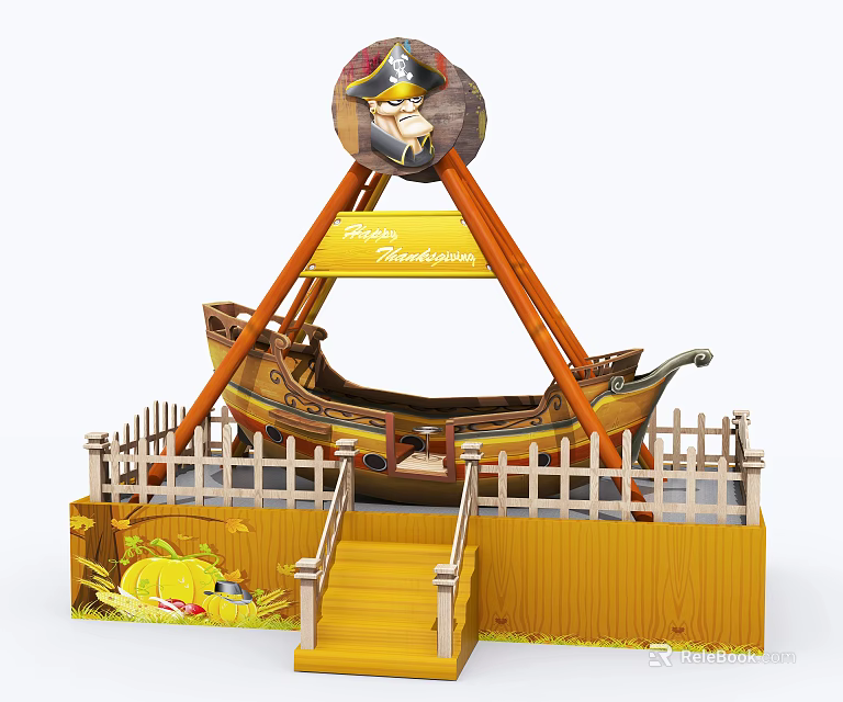 Colorful Pirate Themed Amusement Ride With Captain Head Sign Wooden Fence And Stairs 3d model 