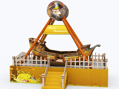 Colorful Pirate Themed Amusement Ride With Captain Head Sign Wooden Fence And Stairs 3d model