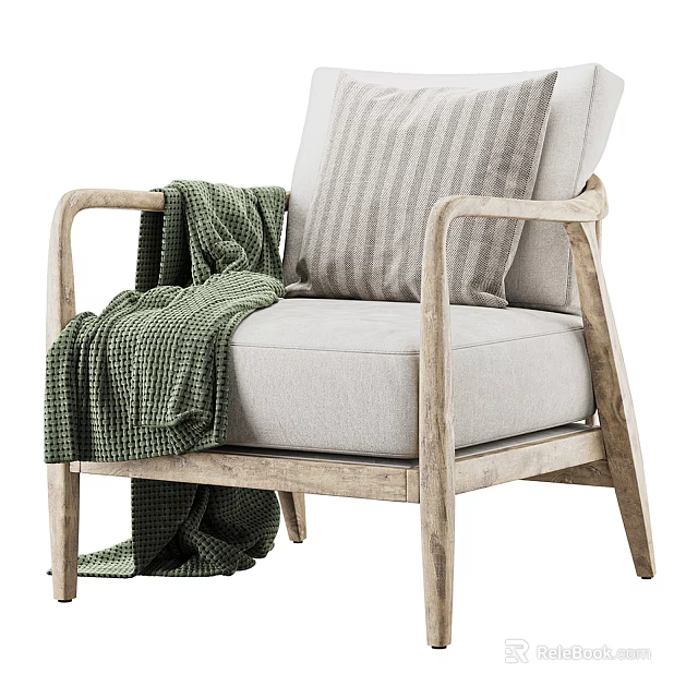 Cozy Leisure Chair With Wooden Frame Light Colored Cushion Striped Pillow And Green Checkered Blanket 3d model 