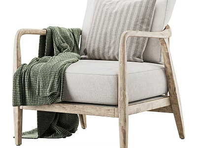 Cozy Leisure Chair With Wooden Frame Light Colored Cushion Striped Pillow And Green Checkered Blanket 3d model