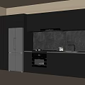 Modern Grey Kitchen Sideboard With Refrigerator Oven Black Wall And Window Interior