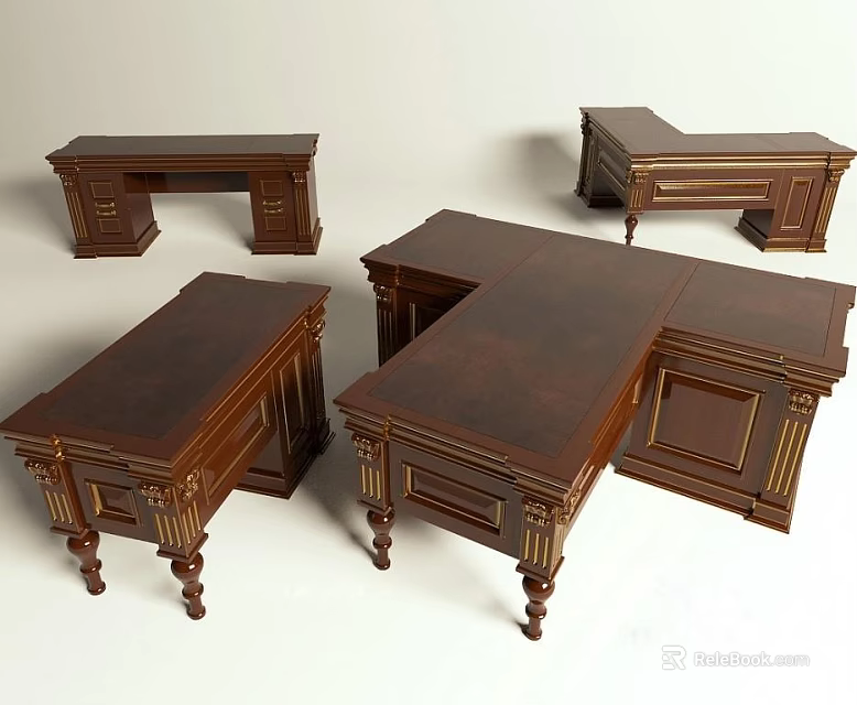 Various Wooden Office Desks With Classic Design Ornate Legs And Drawer Storage 3d model 