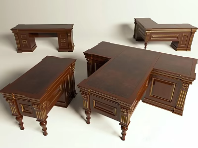 Various Wooden Office Desks With Classic Design Ornate Legs And Drawer Storage 3d model