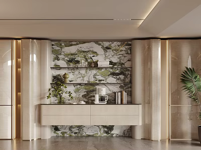 Modern Interior With Stylish Sideboard Floral Backdrop And Green Plants 3d model