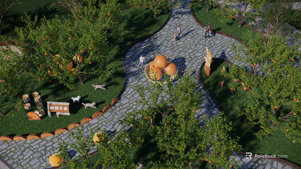 Rural Country Landscape with Orchard Trees Stone Path Walking People Small Animals and Decorative Oranges 3d model 