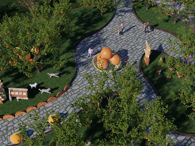Rural Country Landscape with Orchard Trees Stone Path Walking People Small Animals and Decorative Oranges 3d model