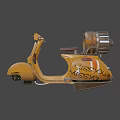 Yellow Vintage Motorcycle With Blue Stripes Stickers Rear Wheel And Barrel