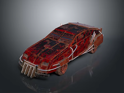 Red Modified Car With Worn Out Appearance And Spiked Front Metal Decorations 3d model