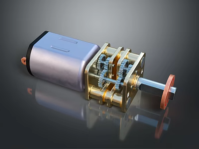Mechanical Gear Motor Mechanism with Silver Cylindrical Housing Golden Gear Components and Red Connector 3d model