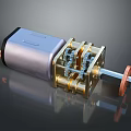 Mechanical Gear Motor Mechanism with Silver Cylindrical Housing Golden Gear Components and Red Connector