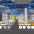 Modern Canteen Interior With Blue Ceiling White Yellow Tables And Large Windows 3d model