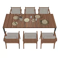 Modern Wooden Dining Table and Chairs Set With Upholstered Seats and Tableware