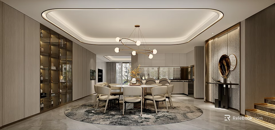 Elegant Modern Restaurant Interior With Round Dining Table Beige Chairs Chandelier And Open Kitchen 3d model 
