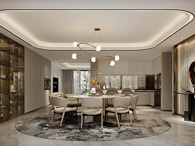 Elegant Modern Restaurant Interior With Round Dining Table Beige Chairs Chandelier And Open Kitchen 3d model