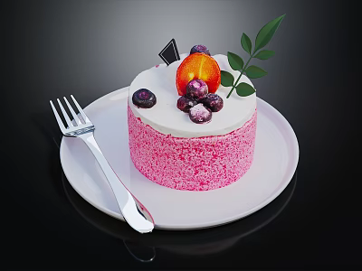 Pink cream cake with fresh peach blueberries on white plate and silver fork 3d model