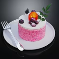 Pink cream cake with fresh peach blueberries on white plate and silver fork