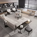 Modern Living Room Sofa and Coffee Table Set with Beige Rug Floor-to-Ceiling Window and Bookshelf