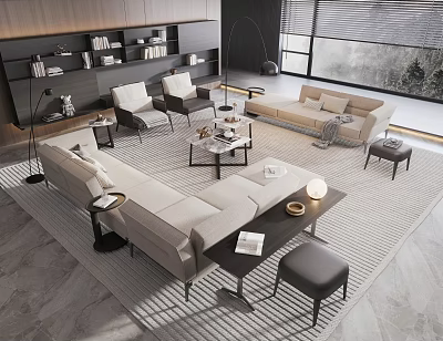 Modern Living Room Sofa and Coffee Table Set with Beige Rug Floor-to-Ceiling Window and Bookshelf 3d model