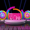 Vibrant Stage Design For EXPO 2024 With Colorful Rings Pink Backdrop And City Skyline