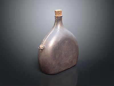 Vintage Metal Flask with Flat Round Shape Wooden Cork Top Side Handle for Daily Use 3d model
