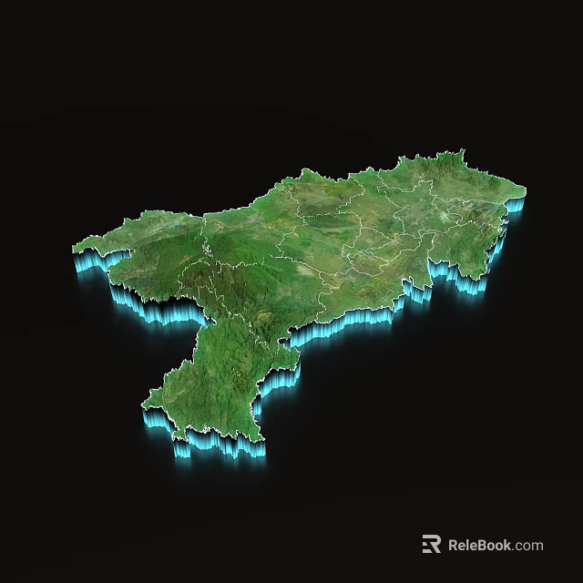 Detailed 3D Terrain Map Showing Green Land With Blue Outline On Black Background 3d model 
