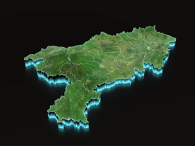 Detailed 3D Terrain Map Showing Green Land With Blue Outline On Black Background 3d model