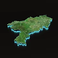 Detailed 3D Terrain Map Showing Green Land With Blue Outline On Black Background