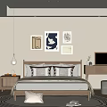 Minimalist Bedroom Interior With Wooden Wardrobe Decorative Paintings And Pendant Light