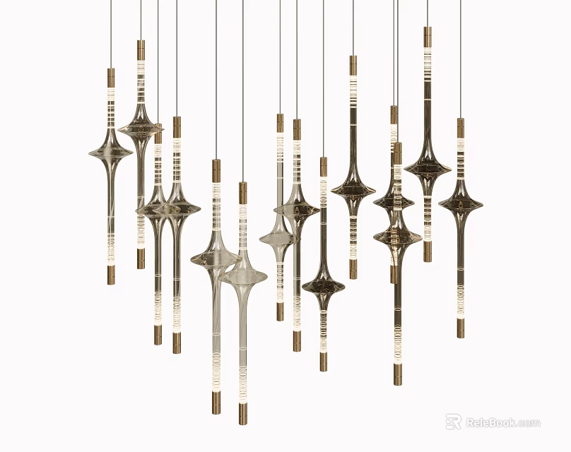 Modern Contemporary Chandelier with Vertical Metal Rods and Geometric Pendants Design 3d model 