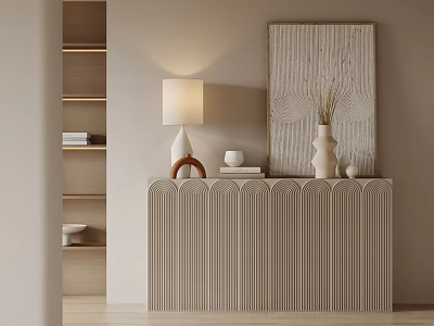 Modern Entryway Console Cabinet With Ribbed Design Table Lamp Vase And Decorative Painting 3d model