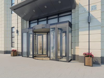 Contemporary Building Entrance Design With Revolving Glass Doors Stone Wall And Flower Planters 3d model