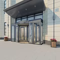 Contemporary Building Entrance Design With Revolving Glass Doors Stone Wall And Flower Planters