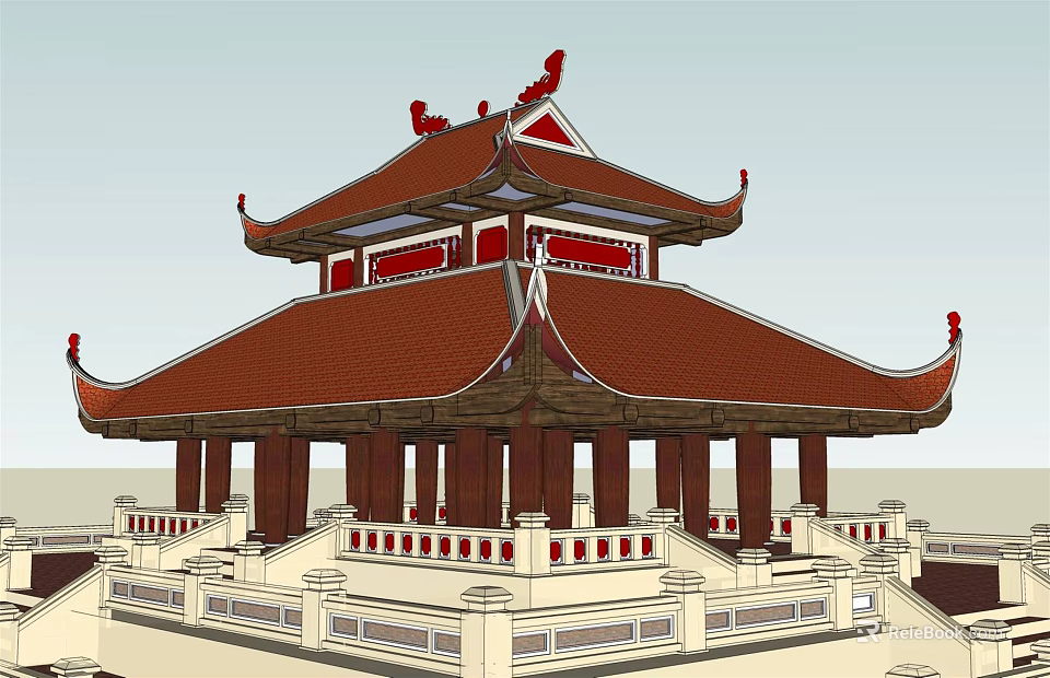 Traditional Chinese Ancient Architecture With Multi Tiered Red Tile Roof Curved Eaves And Stone Railings 3d model 