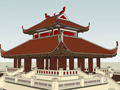 Traditional Chinese Ancient Architecture With Multi Tiered Red Tile Roof Curved Eaves And Stone Railings 3d model