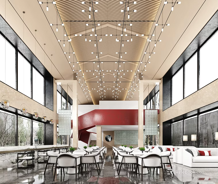 Modern Elegant Hall Interior With Large Windows Chandeliers Dining Tables And Red Accent Wall 3d model