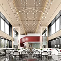 Modern Elegant Hall Interior With Large Windows Chandeliers Dining Tables And Red Accent Wall 3d model