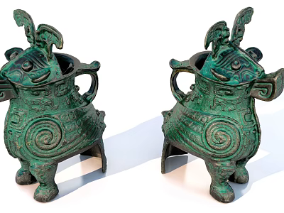 Traditional Green Ceramic Vessels Featuring Animal Head Design Spiral Patterns Three Legs and Decorative Ornaments 3d model