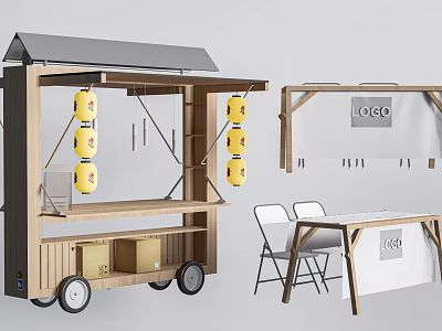 Garden Ornaments with Wooden Cart Wheels Gray Roof Yellow Lanterns Foldable Table Chairs and Boxes 3d model