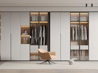 Modern Wardrobe Interior With Glass Doors Hanging Folded Clothes And Beige Armchair 3d model