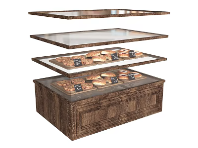 Commercial Bread Display Equipment With Three Glass Tiers And Wooden Cabinet 3d model