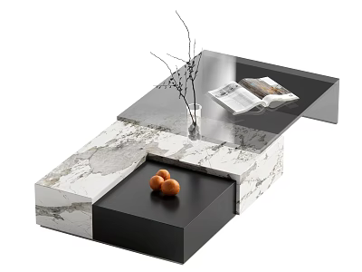 Modern Coffee Table with Marble Surface Black Drawer Vase Branches Magazine and Eggs 3d model