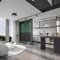 Modern Apartment Living Room With White Curved Sofa Round Rug And Black Striped Wall