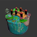 Miniature Landscape Scene With Red Bridge Pagoda Water Lily Pads And Flowers
