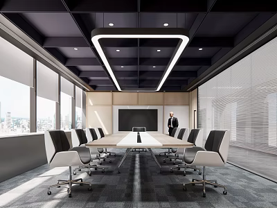 Modern Conference Room Interior With Long Table White Black Chairs Large Windows Linear Ceiling Lights 3d model
