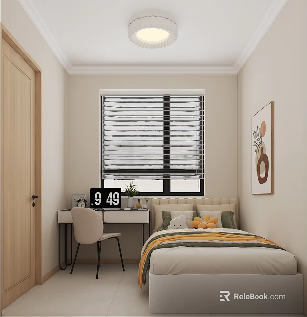 Tatami Bedroom Interior Design With Desk Chair Window Blinds Wall Art And Plant 3d model 